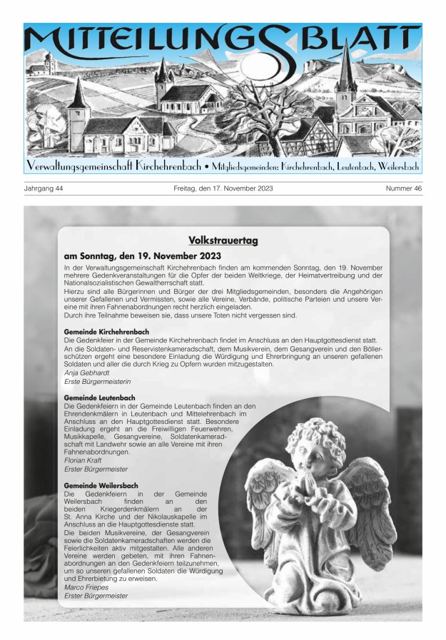 Mitteilungsblatt Verwaltungsgemeinschaft Kirchehrenbach Titelblatt 46/2023
