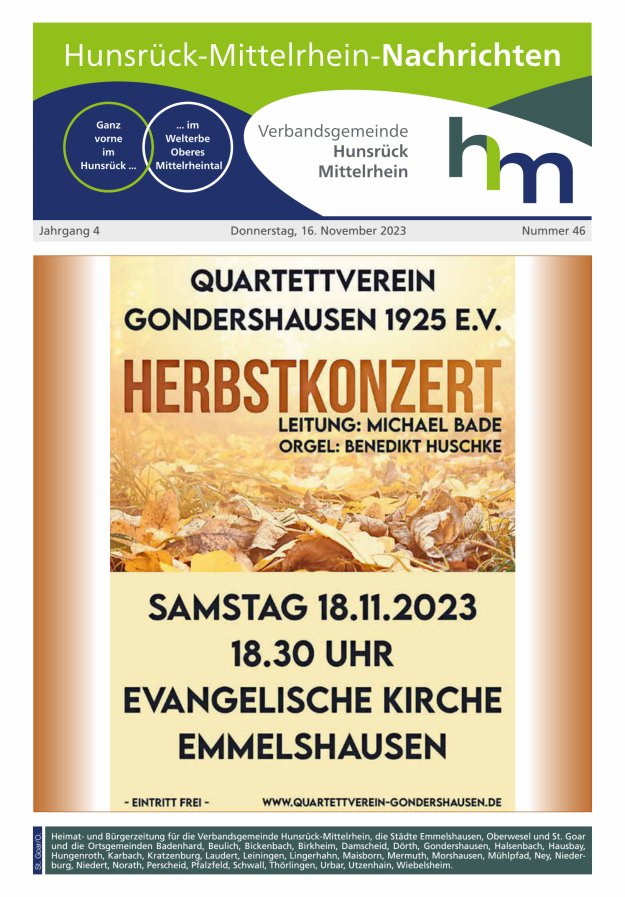 Hunsrück-Mittelrhein Nachrichten Ausgabe St Goar Oberwesel Titelblatt 46/2023