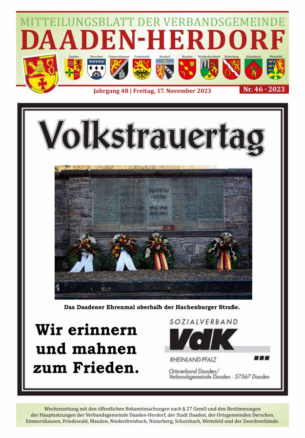 Mitteilungsblatt der Verbandsgemeinde Daaden-Herdorf Titelblatt 46/2023