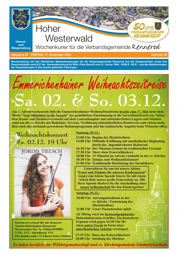 Hoher Westerwald - Wochenkurier für die Verbandsgemeinde Rennerod Titelblatt 46/2023