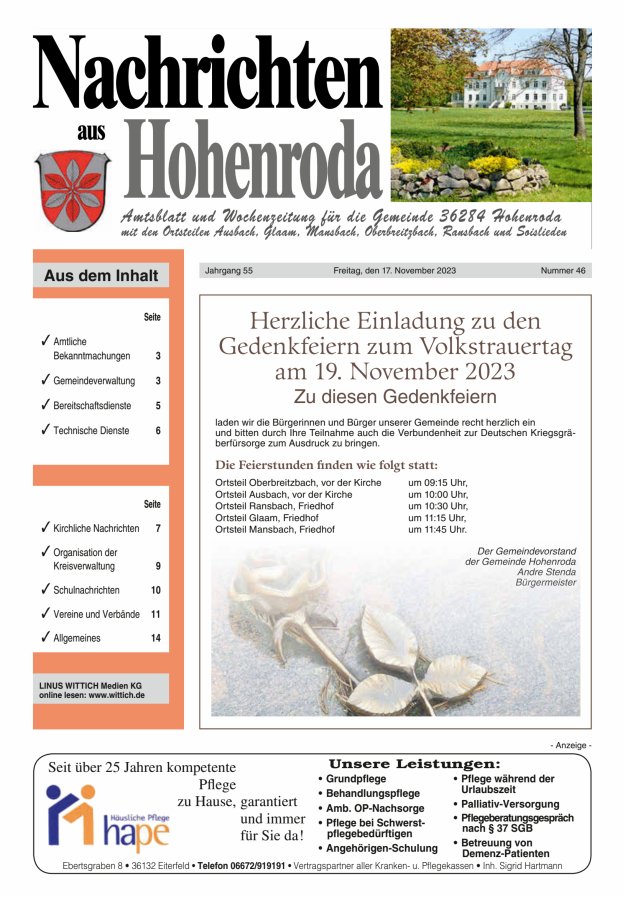 Nachrichten aus Hohenroda Titelblatt 46/2023
