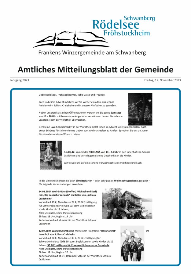 Amtliches Mitteilungsblatt der Gemeinde Rödelsee Titelblatt 11/2023