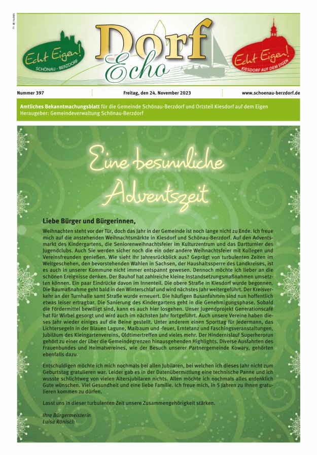 Dorfecho Amtliches Bekanntmachungsblatt für die Gemeinde Schönau-Berzdorf und OT Titelblatt 397/2023