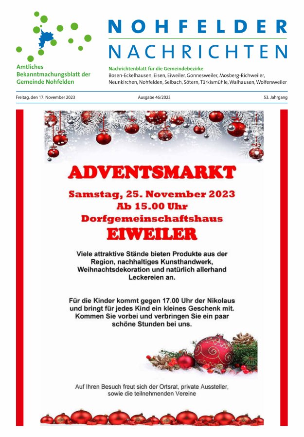 Nohfelder Nachrichten Titelblatt 46/2023