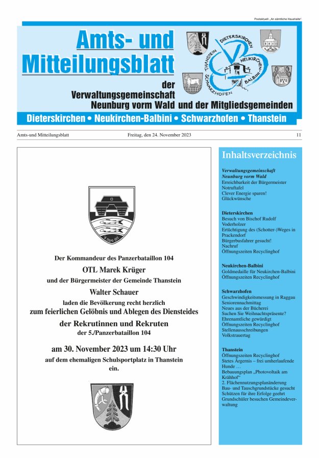 Amts- u Mitteilungsblatt der VG Neunburg vorm Wald u d Mitgliedsgemeinden Titelblatt 11/2023