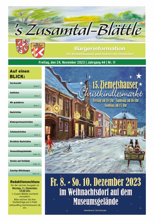 's Zusamtal-Blättle Bürgerinformationen für Ziemetshausen und Aichen mit OTen Titelblatt 11/2023