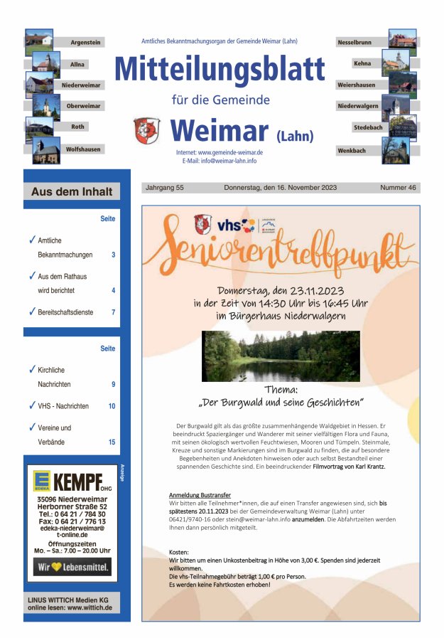 Mitteilungsblatt für die Gemeinde Weimar Titelblatt 46/2023