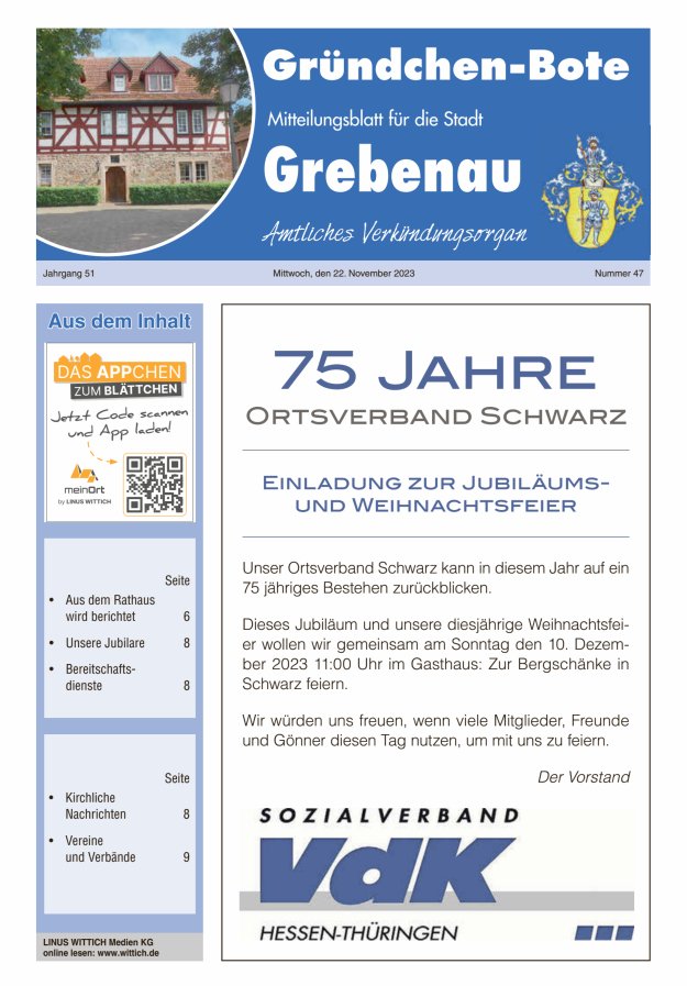 Grebenau - Gründchen Bote - Mitteilungsblatt für die Stadt Grebenau Titelblatt 47/2023