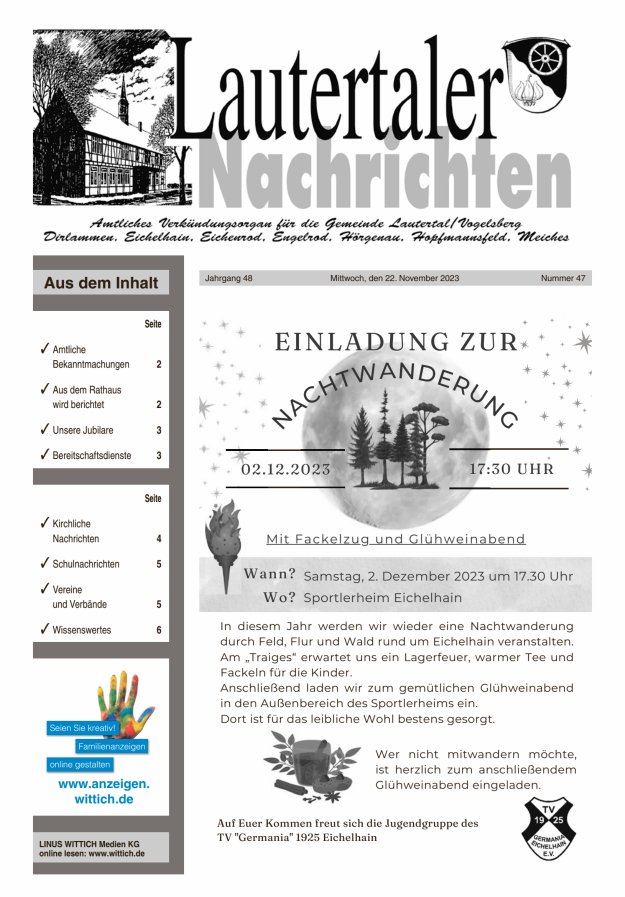 Lautertaler Nachrichten Titelblatt 47/2023