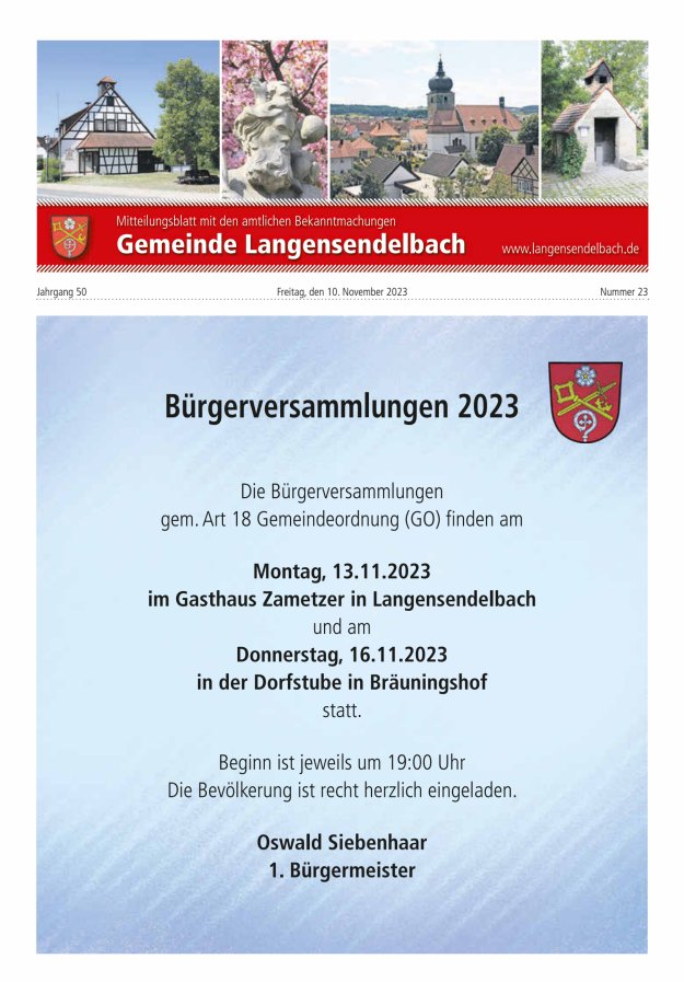 Mitteilungsblatt - Gemeinde Langensendelbach Titelblatt 23/2023