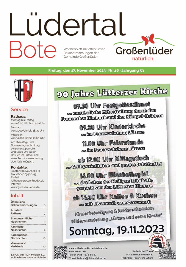 Wochenblatt mit öffentlichen Bekanntmachungen der Gemeinde Großenlüder Titelblatt 46/2023