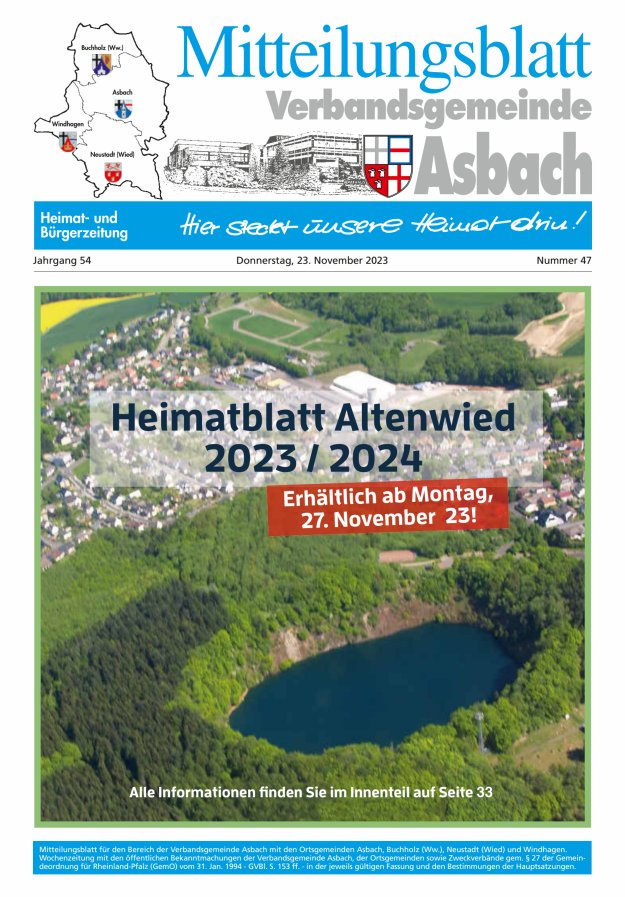 Mitteilungsblatt Verbandsgemeinde Asbach Titelblatt 47/2023