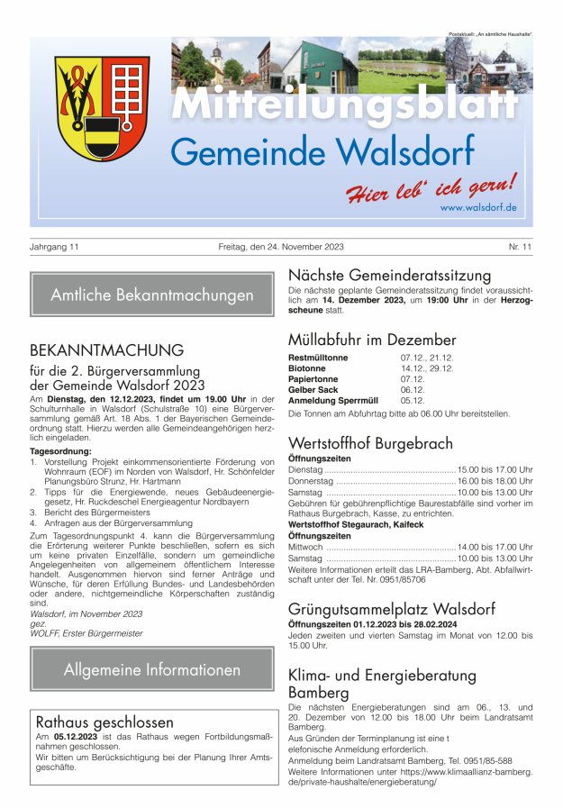 Mitteilungsblatt Gemeinde Walsdorf Titelblatt 11/2023