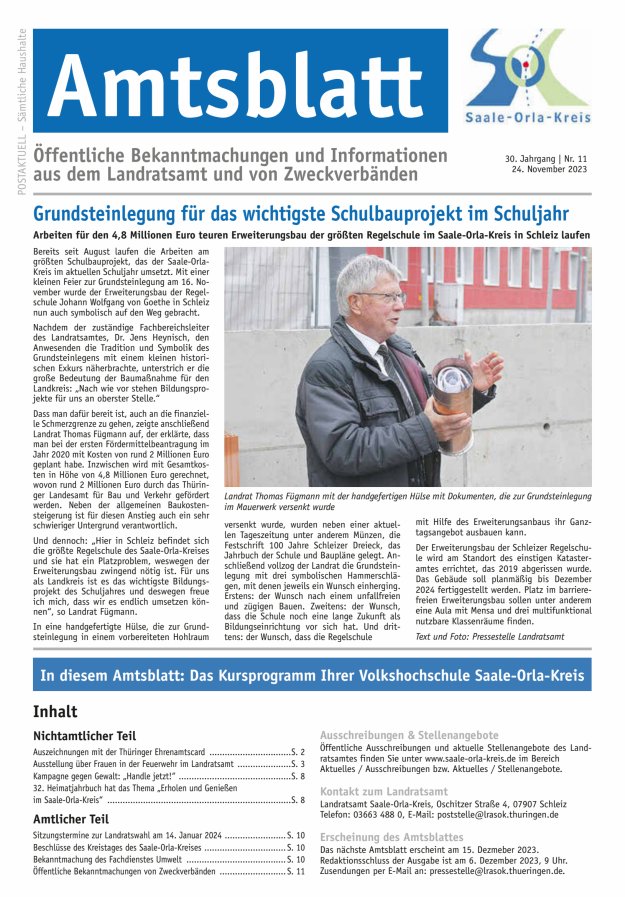 Amtsblatt des Saale-Orla-Kreises Titelblatt 11/2023