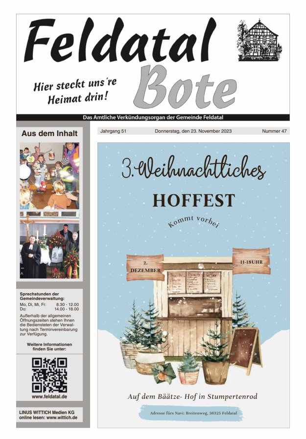 Das Amtliche Verkündungsorgan der Gemeinde Feldatal Titelblatt 47/2023