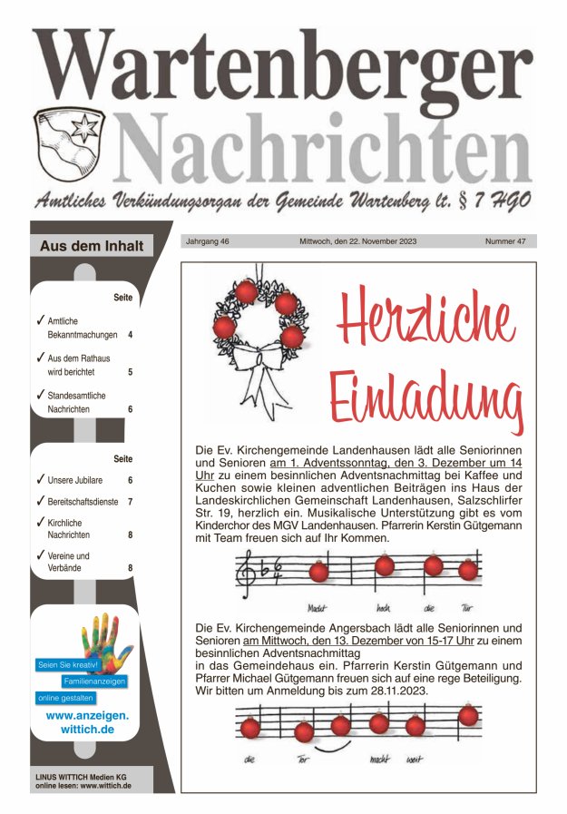Wartenberger Nachrichten Titelblatt 47/2023