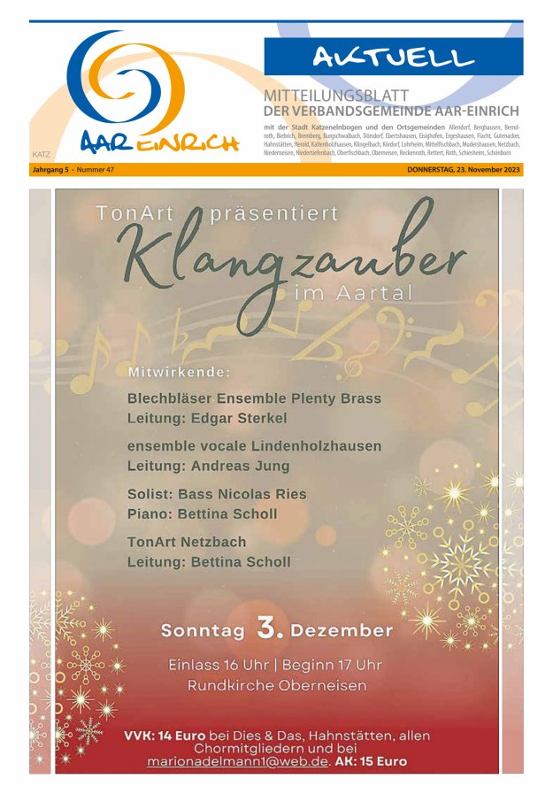 Mitteilungsblatt der Verbandsgemeinde Aar-Einrich Ausgabe Katzenelnbogen Titelblatt 47/2023