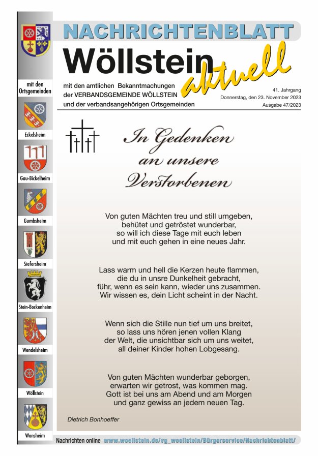 Nachrichtenblatt Wöllstein aktuell Titelblatt 47/2023