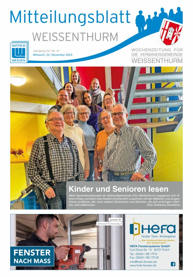 Mitteilungsblatt für den Bereich der Verbandsgemeinde Weißenthurm Titelblatt 47/2023