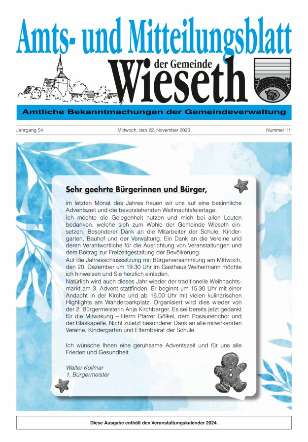 Amts- und Mitteilungsblatt der Gemeinde Wieseth Titelblatt 11/2023