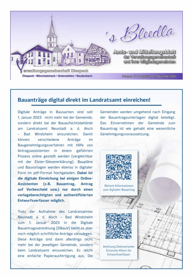 Amts- und Mitteilungsblatt VGem Diespeck Titelblatt 47/2023