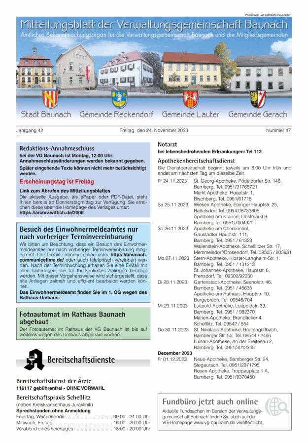 Mitteilungsblatt Verwaltungsgemeinschaft Baunach Titelblatt 47/2023