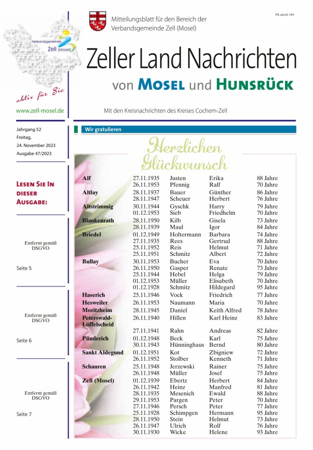 Zeller Land Nachrichten Titelblatt 47/2023
