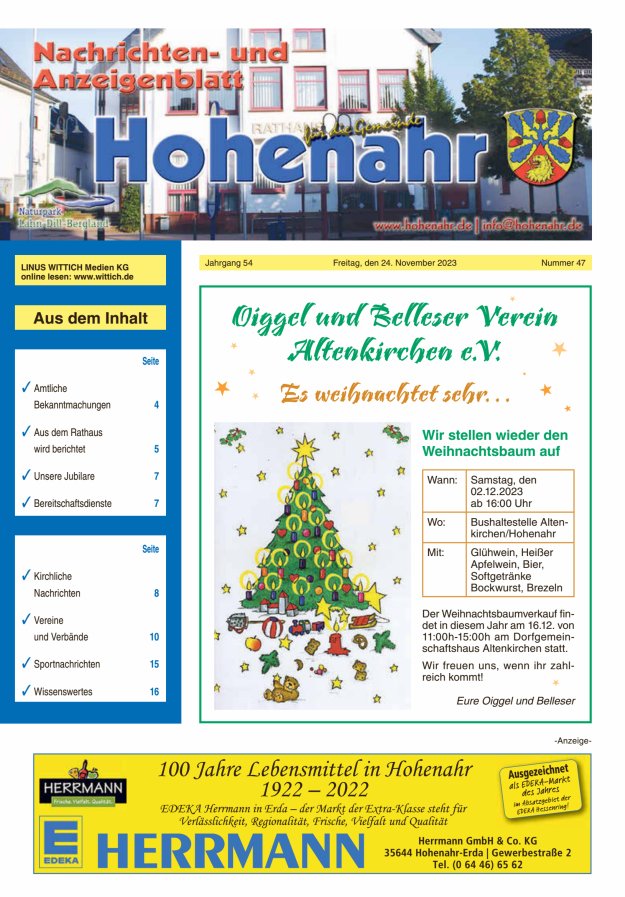 Nachrichten- und Anzeigenblatt für die Gemeinde Hohenahr Titelblatt 47/2023