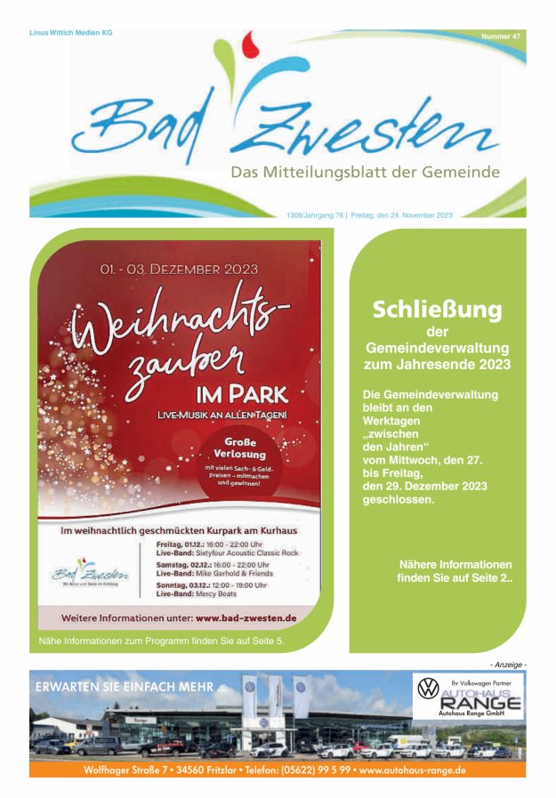 Heimatzeitung Bad Zwesten Titelblatt 47/2023