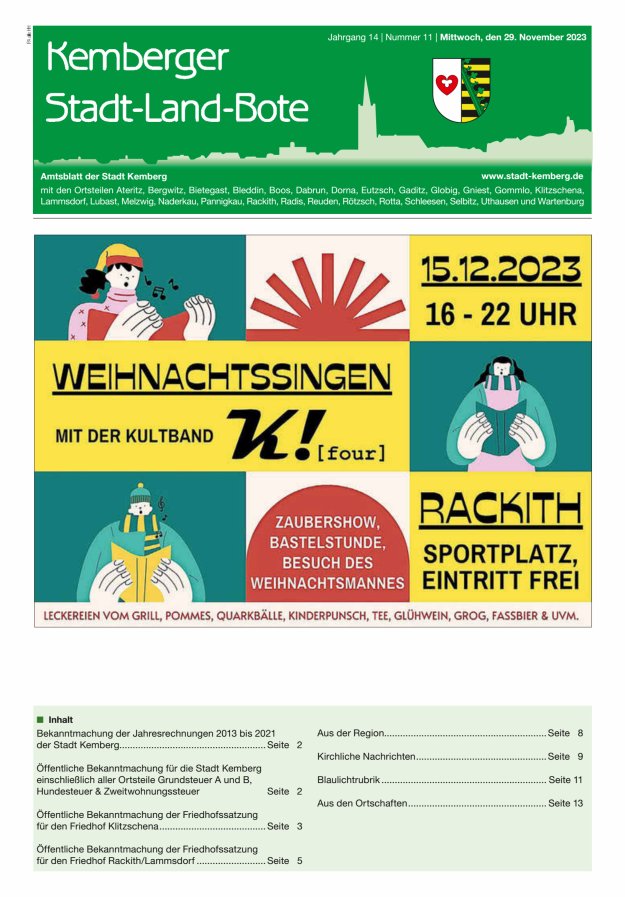 Kemberger Stadt-Land-Bote Amtsblatt der Stadt Kemberg Titelblatt 11/2023