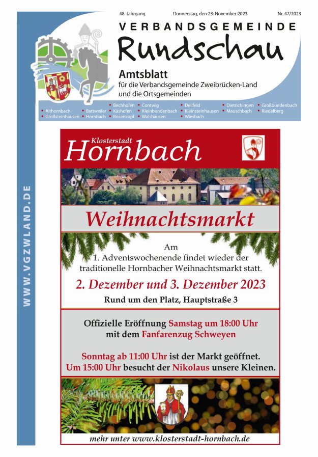 Verbandsgemeinde Rundschau Zweibrücken-Land Titelblatt 47/2023