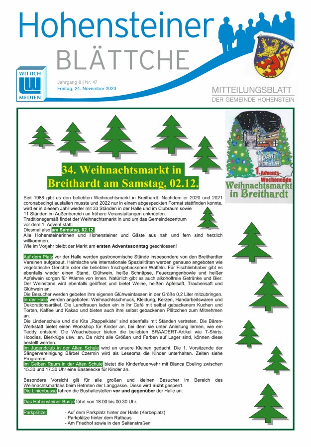 Hohensteiner Blättche Titelblatt 47/2023