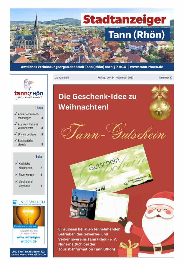 Stadtanzeiger Tann (Rhön) Titelblatt 47/2023