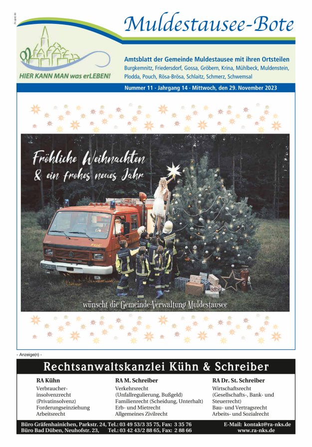 Muldestausee-Bote – Amtsblatt der Gemeinde Muldestausee mit ihren Ortsteilen Titelblatt 11/2023