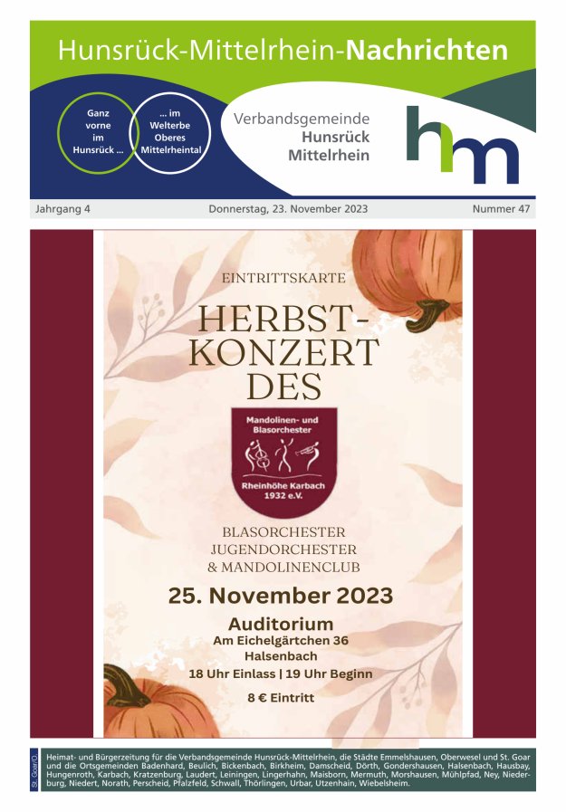 Hunsrück-Mittelrhein Nachrichten Ausgabe St Goar Oberwesel Titelblatt 47/2023