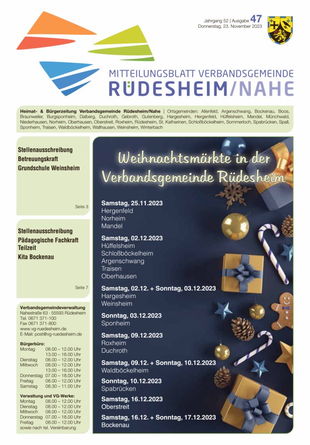 Mitteilungsblatt Verbandsgemeinde Rüdesheim und zugehörige Ortsgemeinden Titelblatt 47/2023