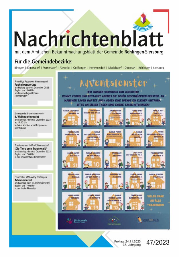 Nachrichtenblatt Rehlingen-Siersburg Titelblatt 47/2023