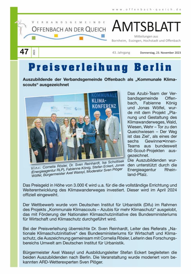 Amtsblatt VG Offenbach an der Queich Titelblatt 47/2023