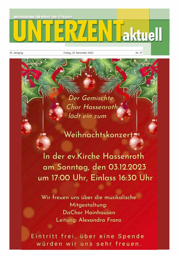 Unterzent aktuell Wochenzeitung für Höchst und Lützelbach Titelblatt 47/2023