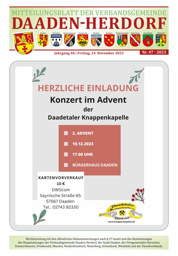 Mitteilungsblatt der Verbandsgemeinde Daaden-Herdorf Titelblatt 47/2023