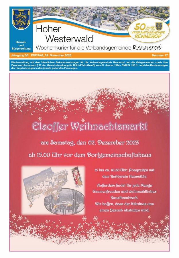 Hoher Westerwald - Wochenkurier für die Verbandsgemeinde Rennerod Titelblatt 47/2023