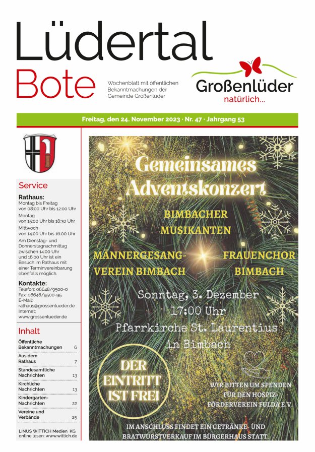 Wochenblatt mit öffentlichen Bekanntmachungen der Gemeinde Großenlüder Titelblatt 47/2023