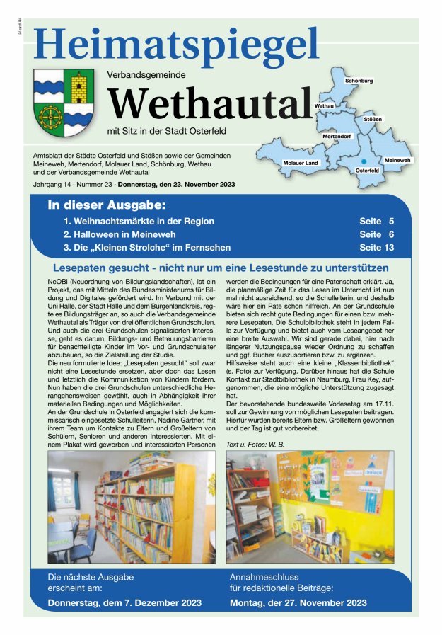 Heimatspiegel Verbandsgemeinde Wethautal mit Sitz in der Stadt Osterfeld Titelblatt 23/2023