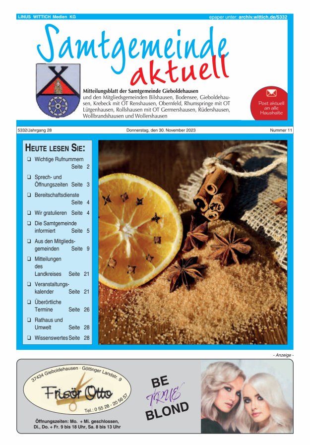 Samtgemeinde aktuell Gieboldehausen Titelblatt 11/2023