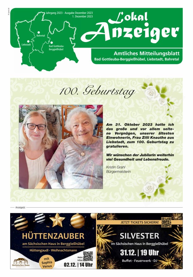 Lokal-Anzeiger - Amtliches Mitteilungsblatt Bad Gottleuba-Berggießhübel, Liebstadt, Bahretal Titelblatt 12/2023