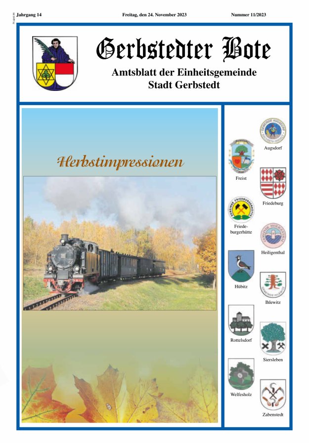 Gerbstedter Bote – Amtsblatt der Einheitsgemeinde Stadt Gerbstedt Titelblatt 11/2023