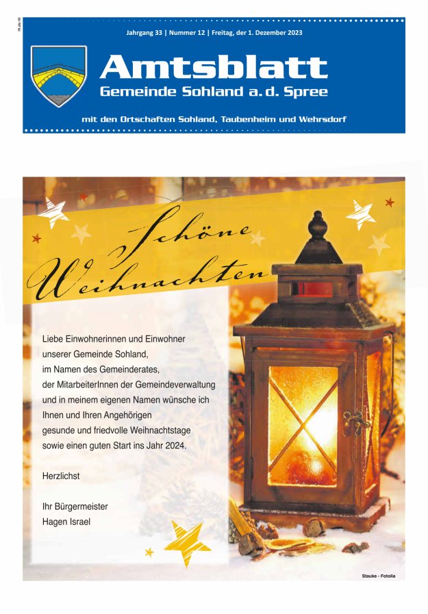 Amtsblatt der Gemeinde Sohland a. d. Spree mit den Ortschaften Sohland, Taubenheim und Wehrsdorf Titelblatt 12/2023