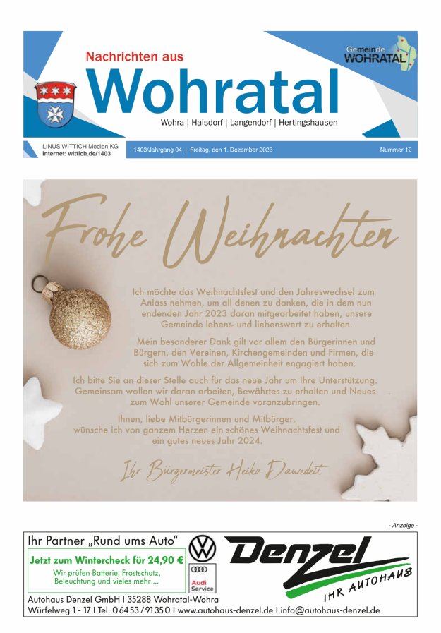 Nachrichten aus Wohratal Titelblatt 12/2023