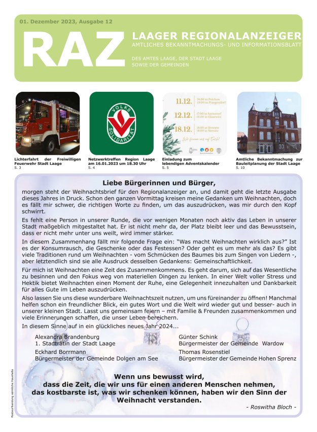 Laager Regionalanzeiger Titelblatt 12/2023