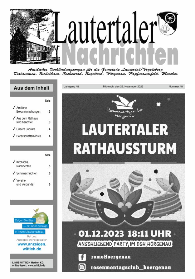 Lautertaler Nachrichten Titelblatt 48/2023